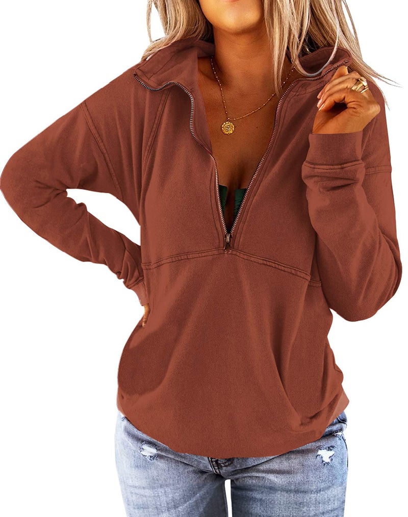 Floral Find Women's Long Sleeve Lapel Half Zip Up Sweatshirt Solid Stylish Loose Fit Casual Pullover Tops (Brown, Large) - Image 1